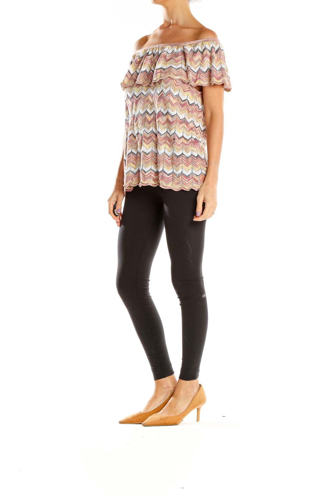 Front view of multicolor chevron off-shoulder knit top from White House Black Market