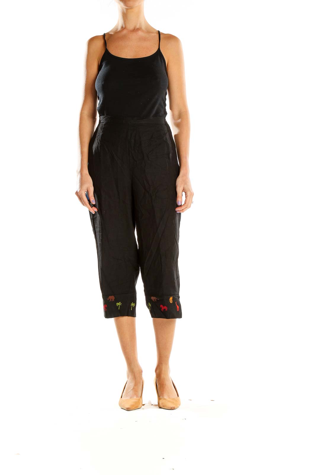 Front view of Studio Ease black capri pants with embroidered hem