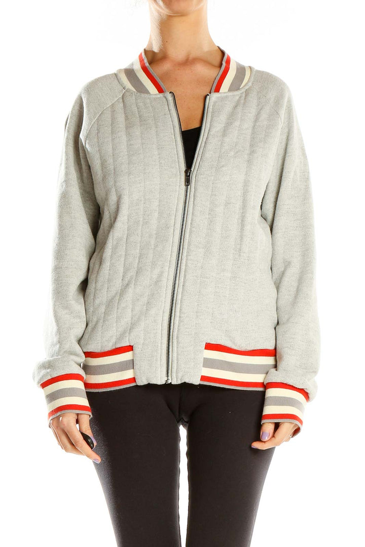 Gray Striped Zip-Up Sweater