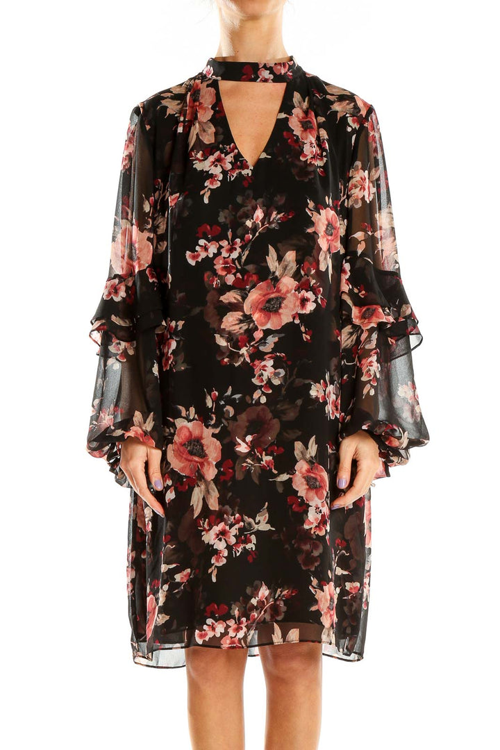 Black Floral Print Ruffle Sleeve Shift Dress