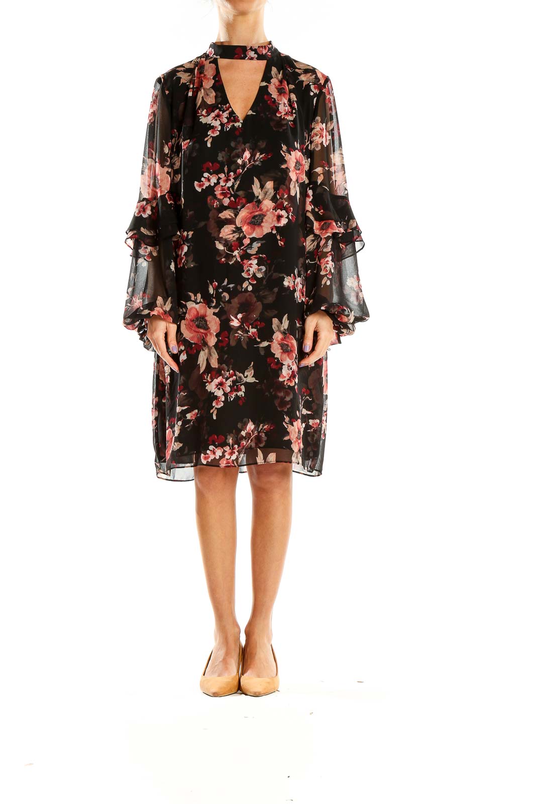 Black Floral Print Ruffle Sleeve Shift Dress