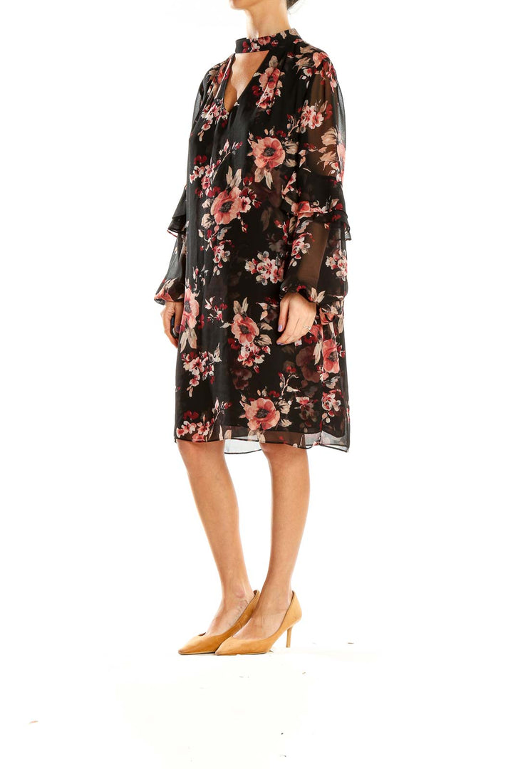 Black Floral Print Ruffle Sleeve Shift Dress