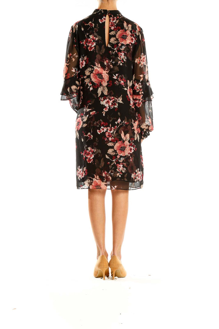 Black Floral Print Ruffle Sleeve Shift Dress