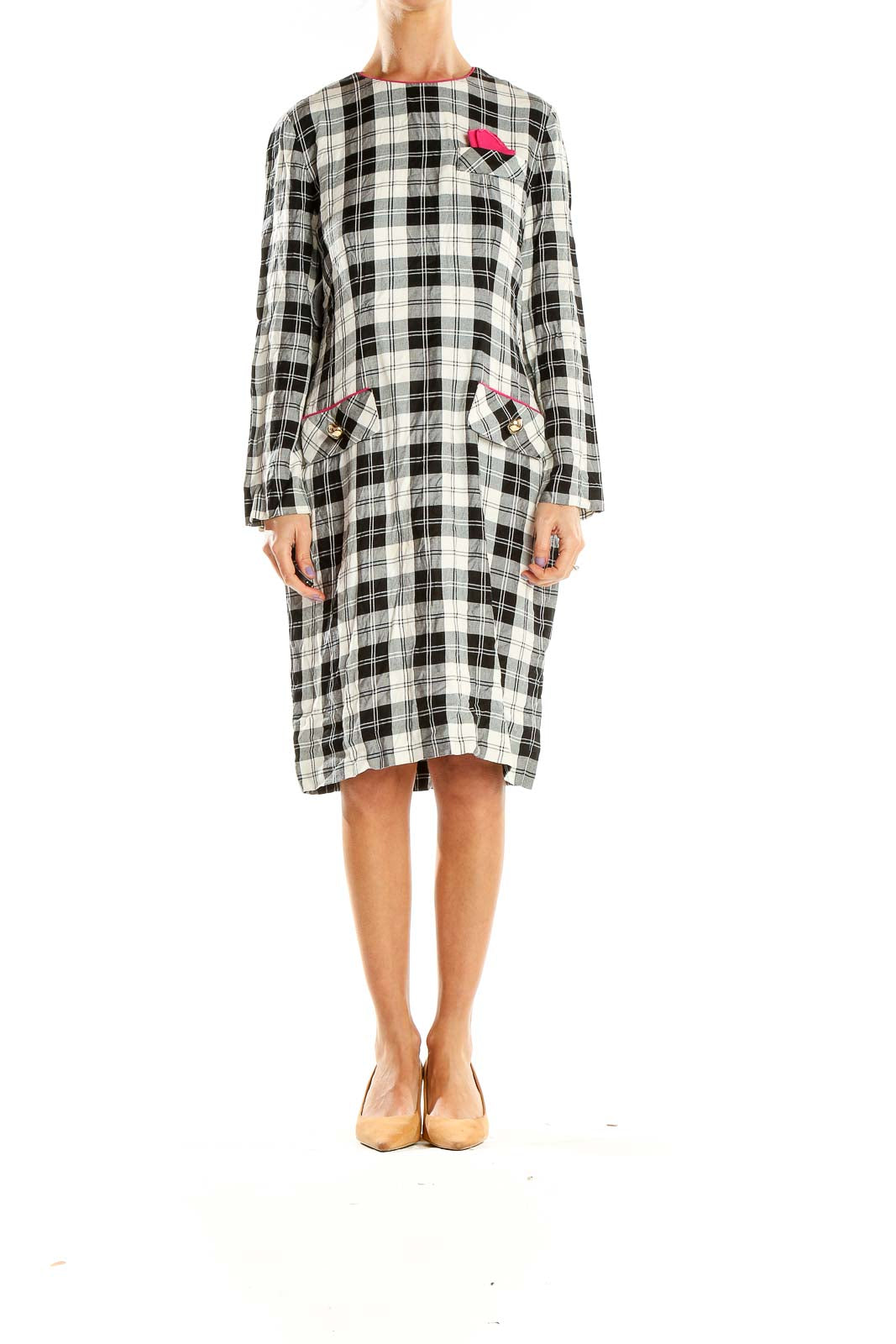 Front view of Leslie Fay black and white plaid long sleeve dress with pink accent