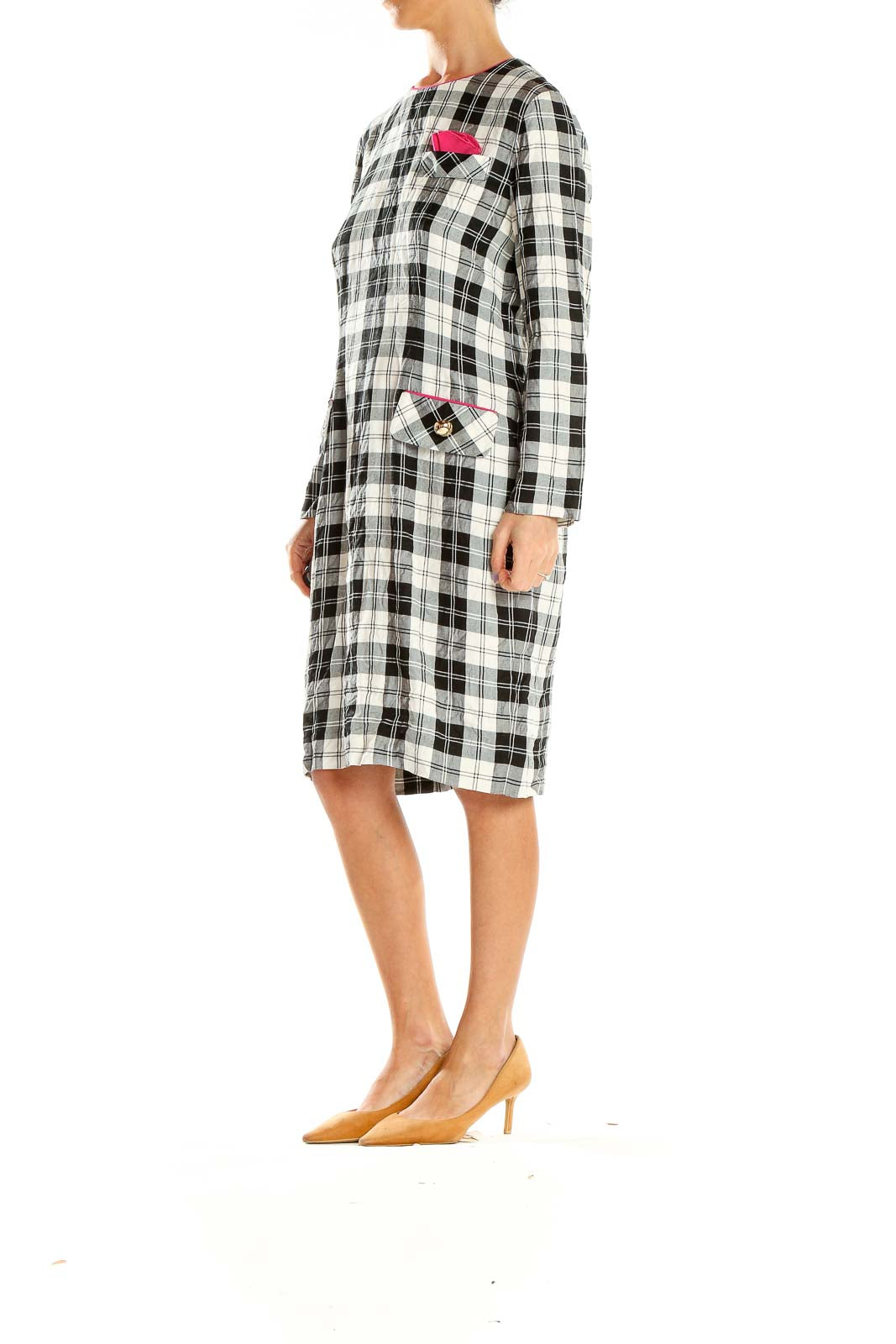 Front view of Leslie Fay black and white plaid long sleeve dress with pink accent