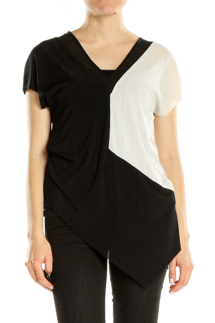 Black White Colorblock Chic Asymmetrical Blouse