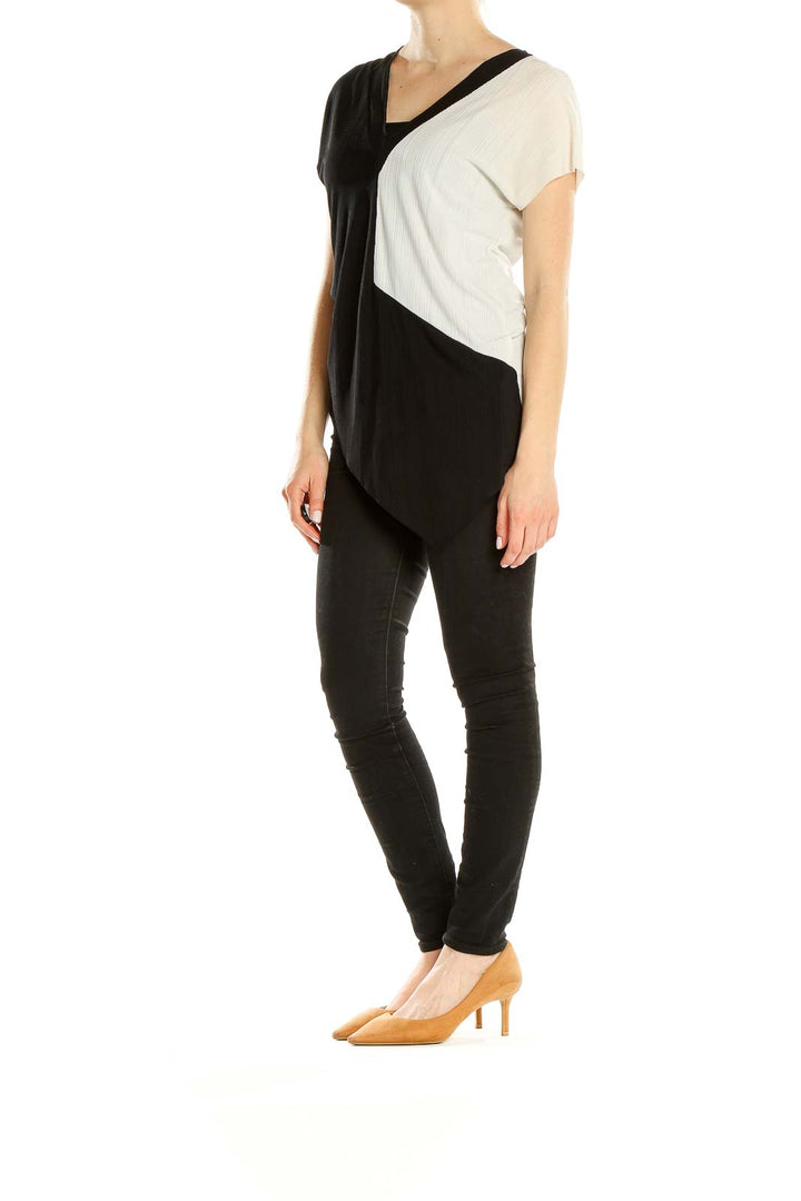 Black White Colorblock Chic Asymmetrical Blouse