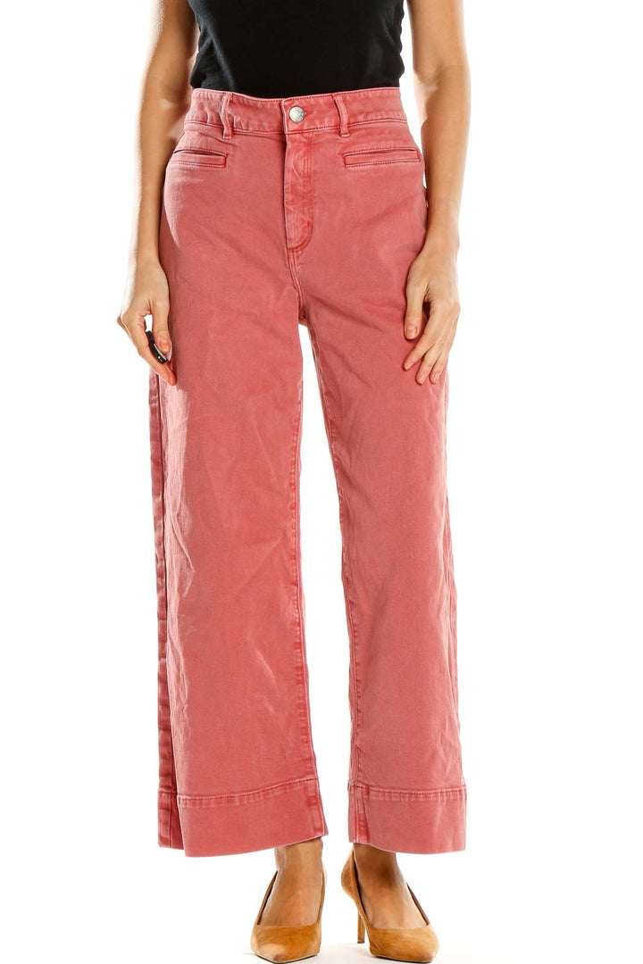 Front view of LOFT coral wide-leg cropped pants on model