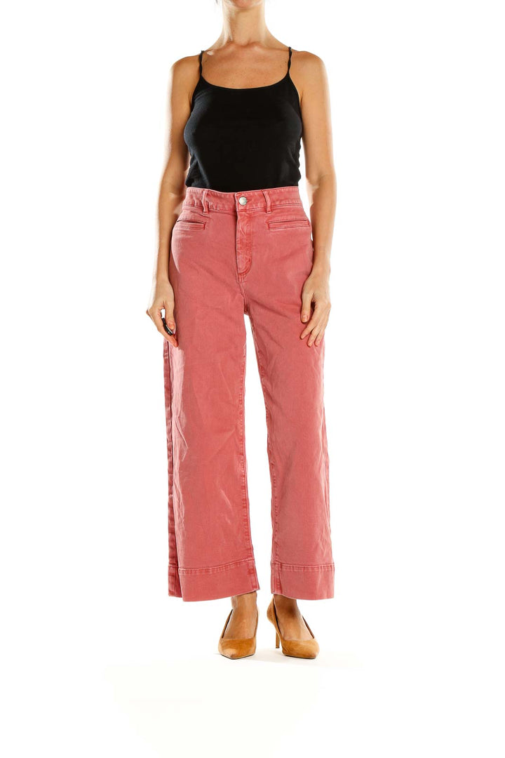 Front view of LOFT coral wide-leg cropped pants on model