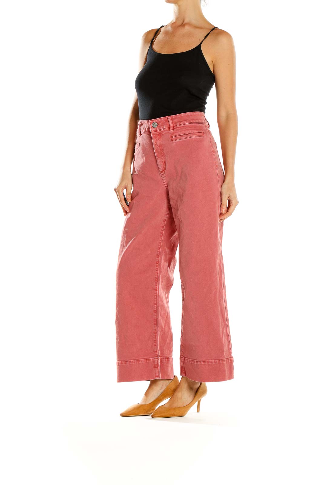 Front view of LOFT coral wide-leg cropped pants on model