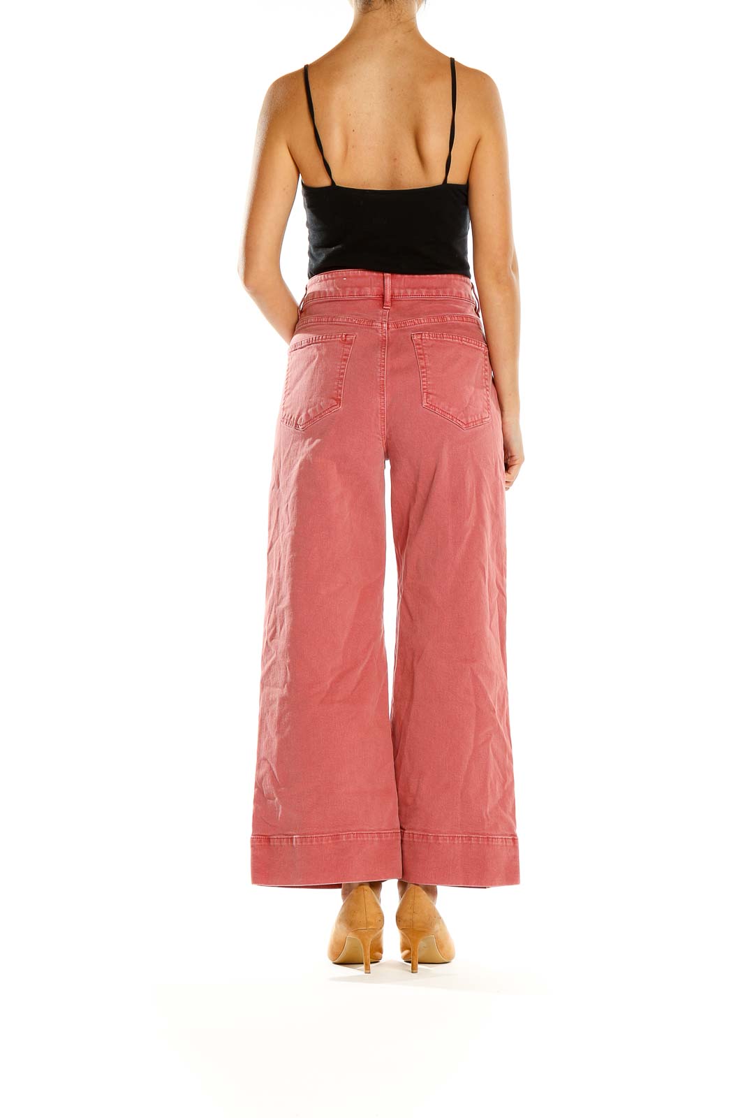 Side view of LOFT coral wide-leg cropped pants on model