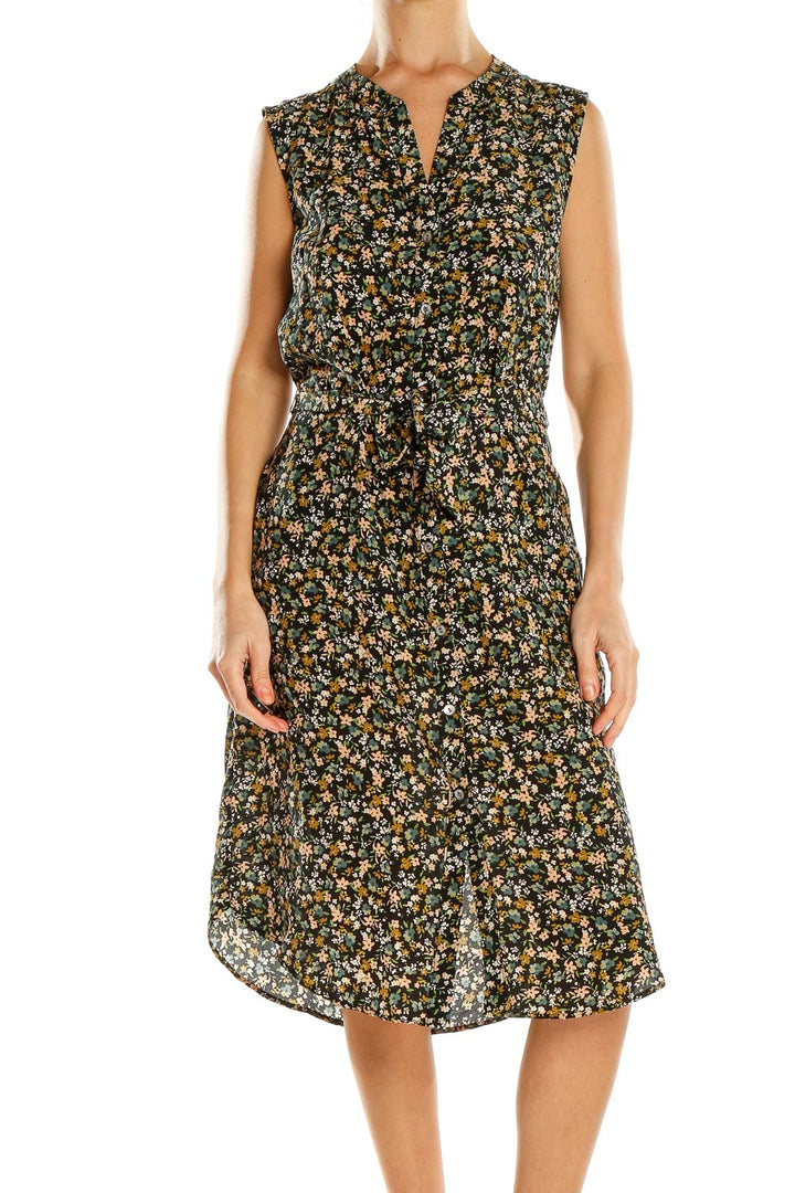 Multicolor Floral Print Tie Silk Waist Dress