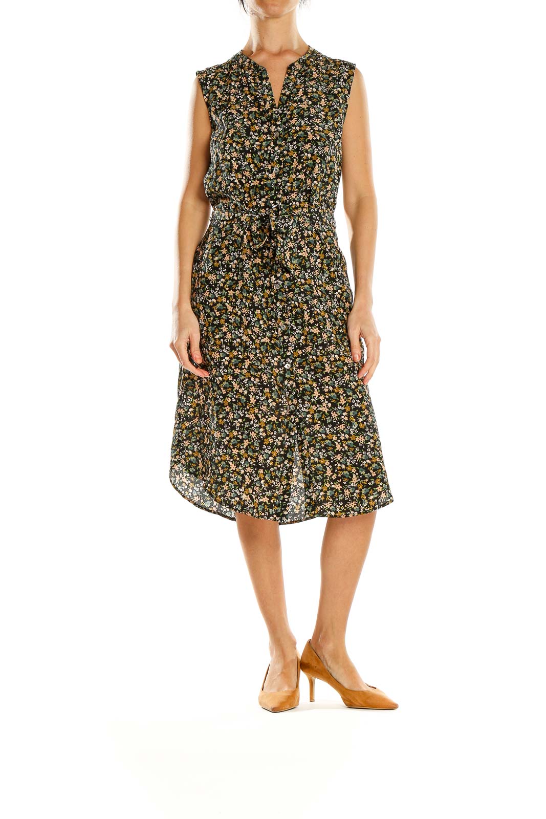 Multicolor Floral Print Tie Silk Waist Dress