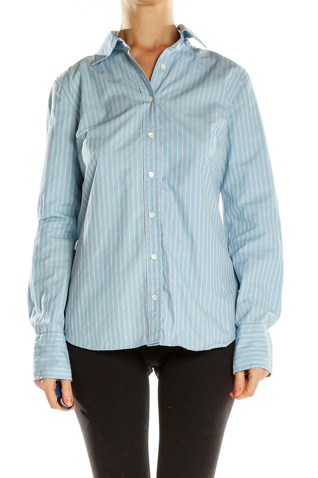 Front view of J.Crew light blue striped button-down shirt