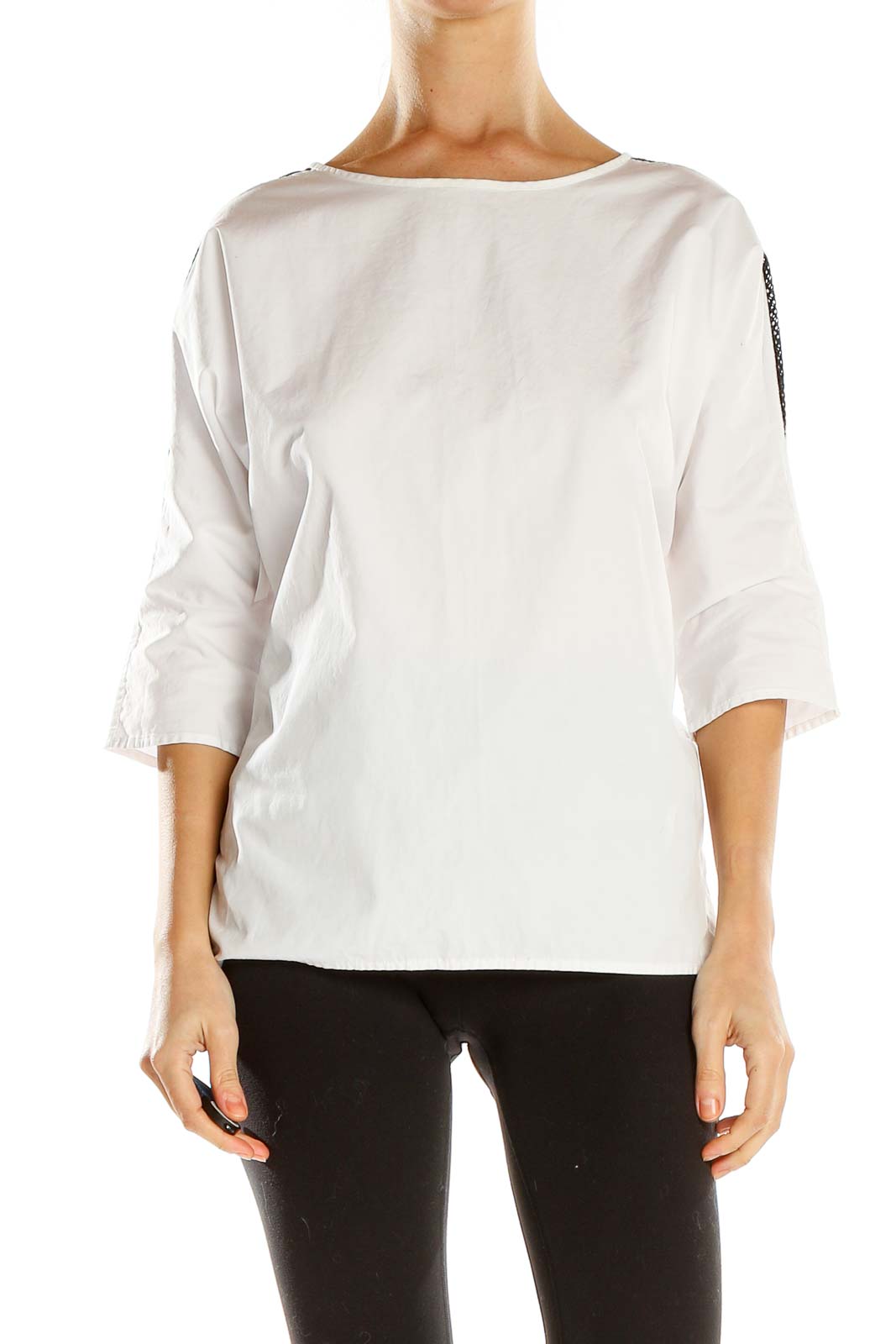 Front view of white Ammara boatneck blouse with 3/4 sleeves