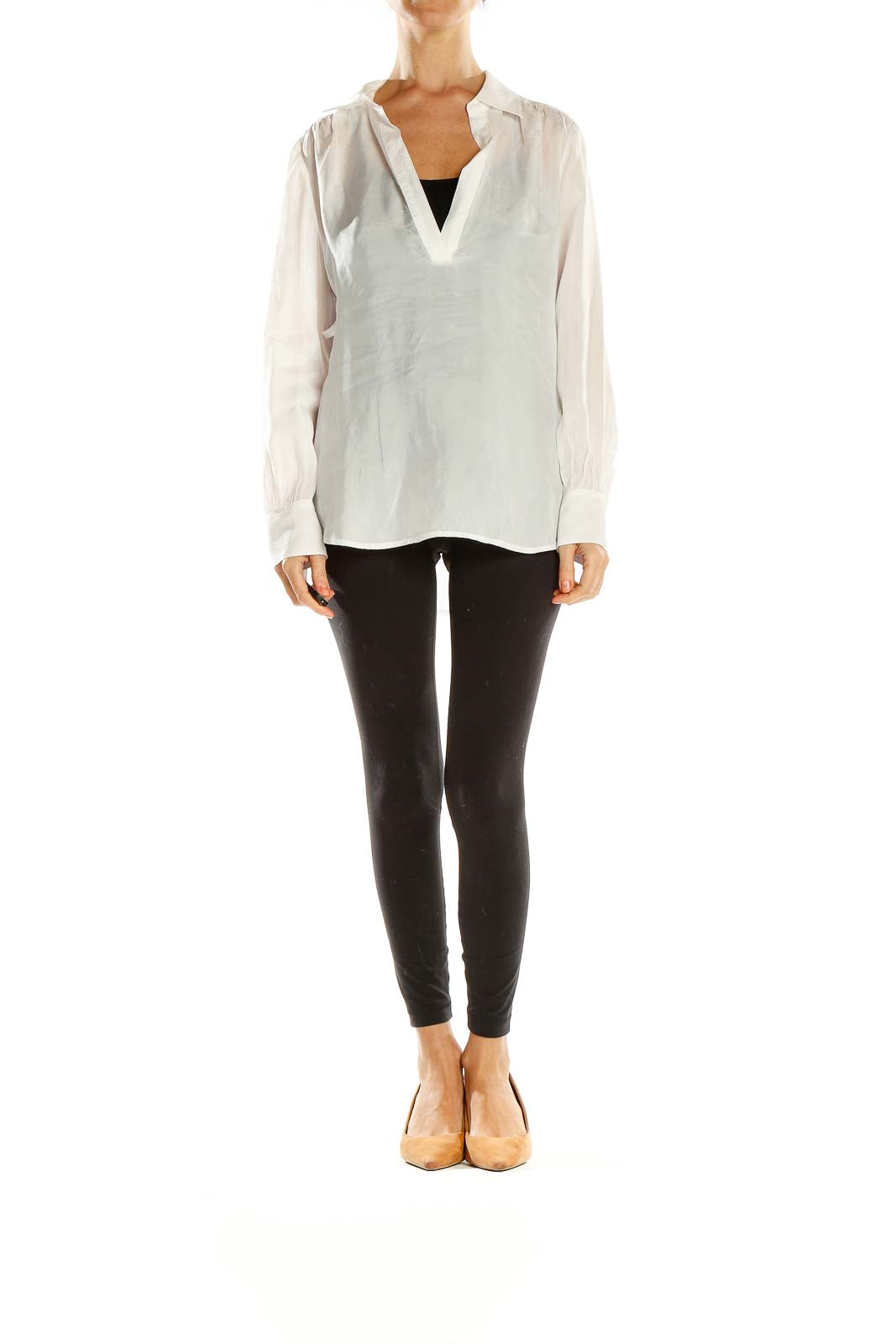 Front view of J.Crew white V-neck long sleeve blouse on model