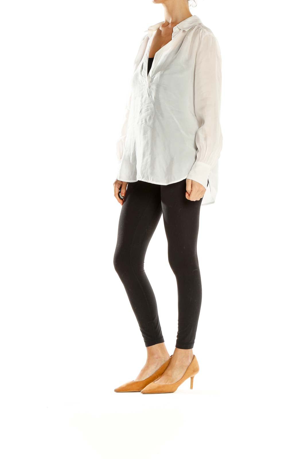 Front view of J.Crew white V-neck long sleeve blouse on model