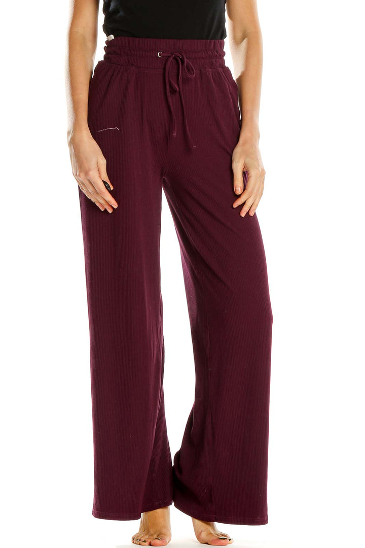 Purple Ribbed Drawstring Casual Pants