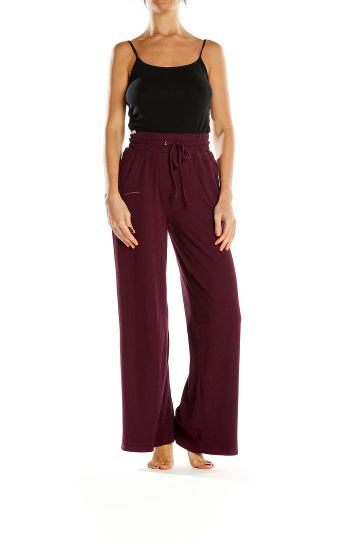 Purple Ribbed Drawstring Casual Pants