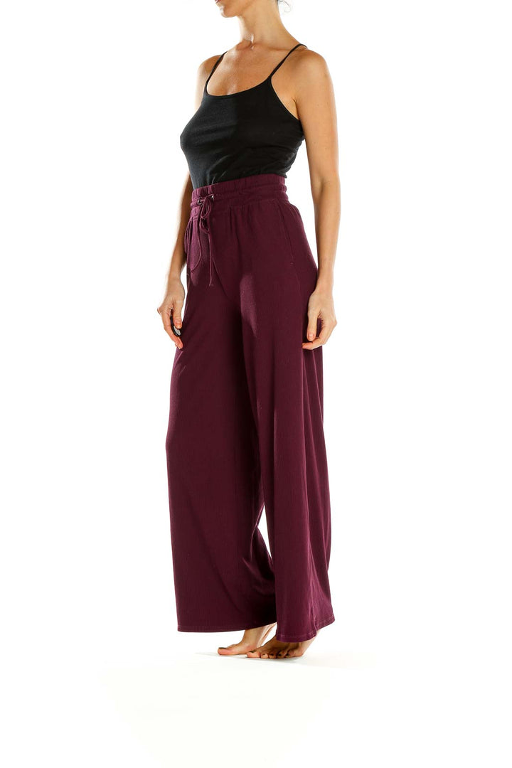 Purple Ribbed Drawstring Casual Pants