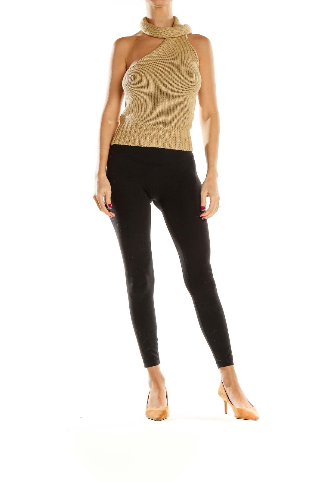Sisley Beige Asymmetrical Halter Neck Knit Top | Trendy