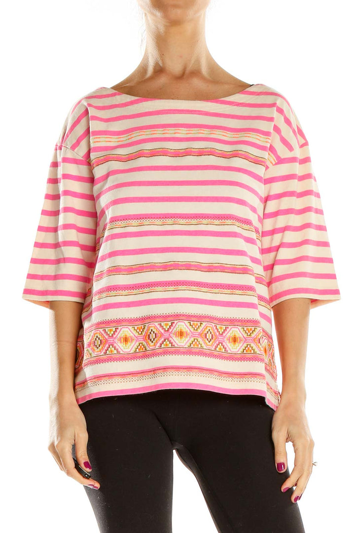 Front view of J.Crew pink striped boatneck top with embroidered hem