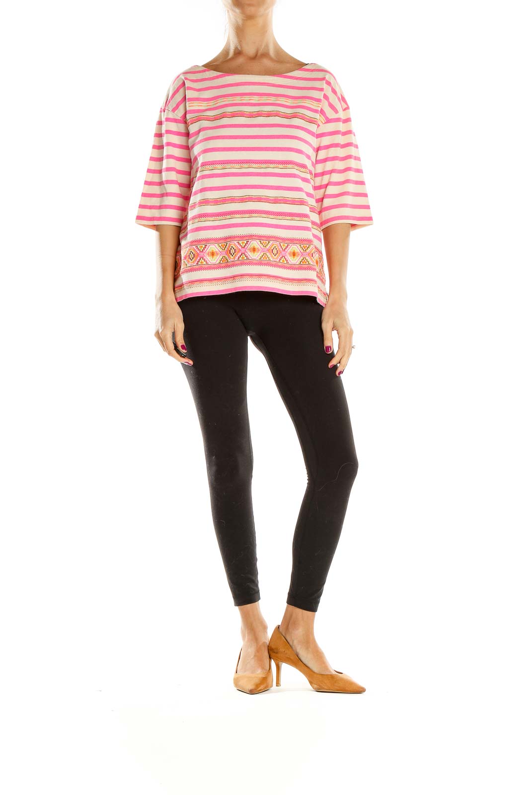 Front view of J.Crew pink striped boatneck top with embroidered hem