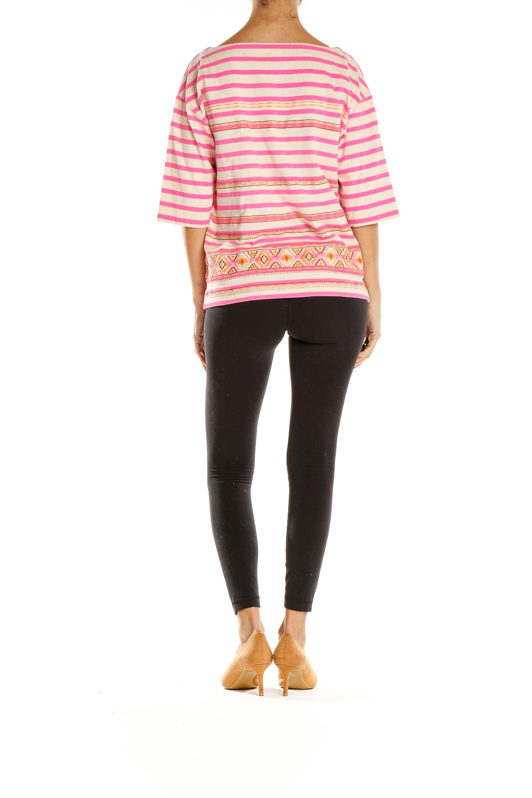 Side view of J.Crew pink striped boatneck top showing relaxed fit