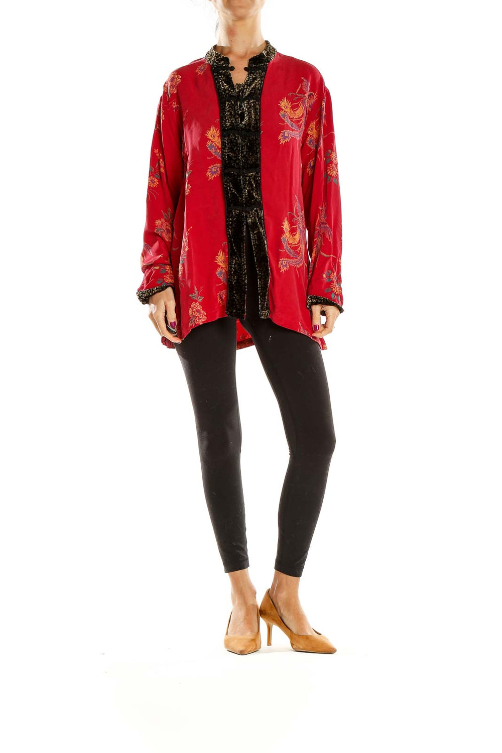 Front view of red silk jacket with floral embroidery and black velvet trim