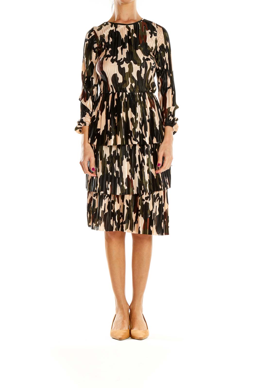 Brown Printed Textured Sheath Dress