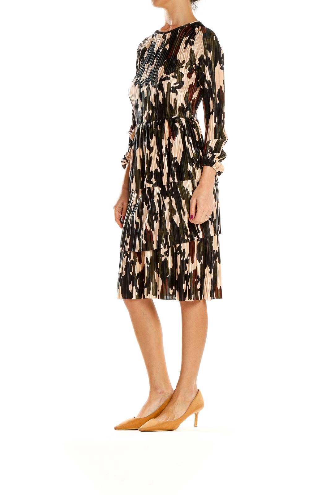 Brown Printed Textured Sheath Dress