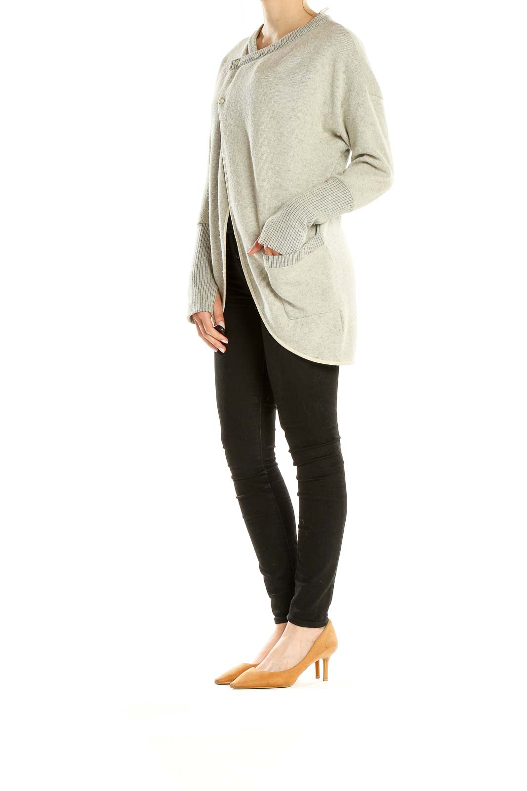 Gray Casual Snap Front Sweater