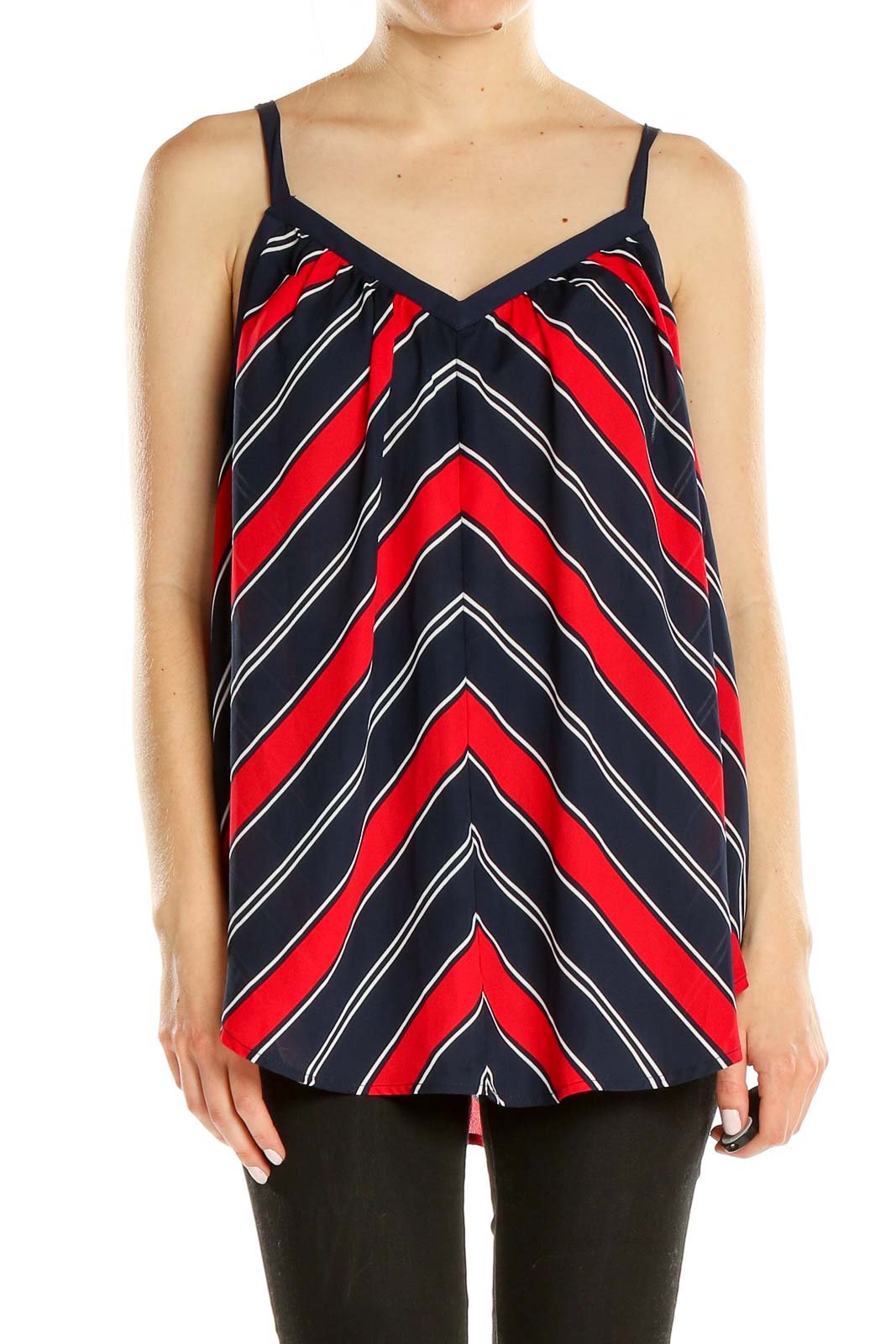 Front view of Torrid Navy and Red Striped V-Neck Camisole with diagonal pattern