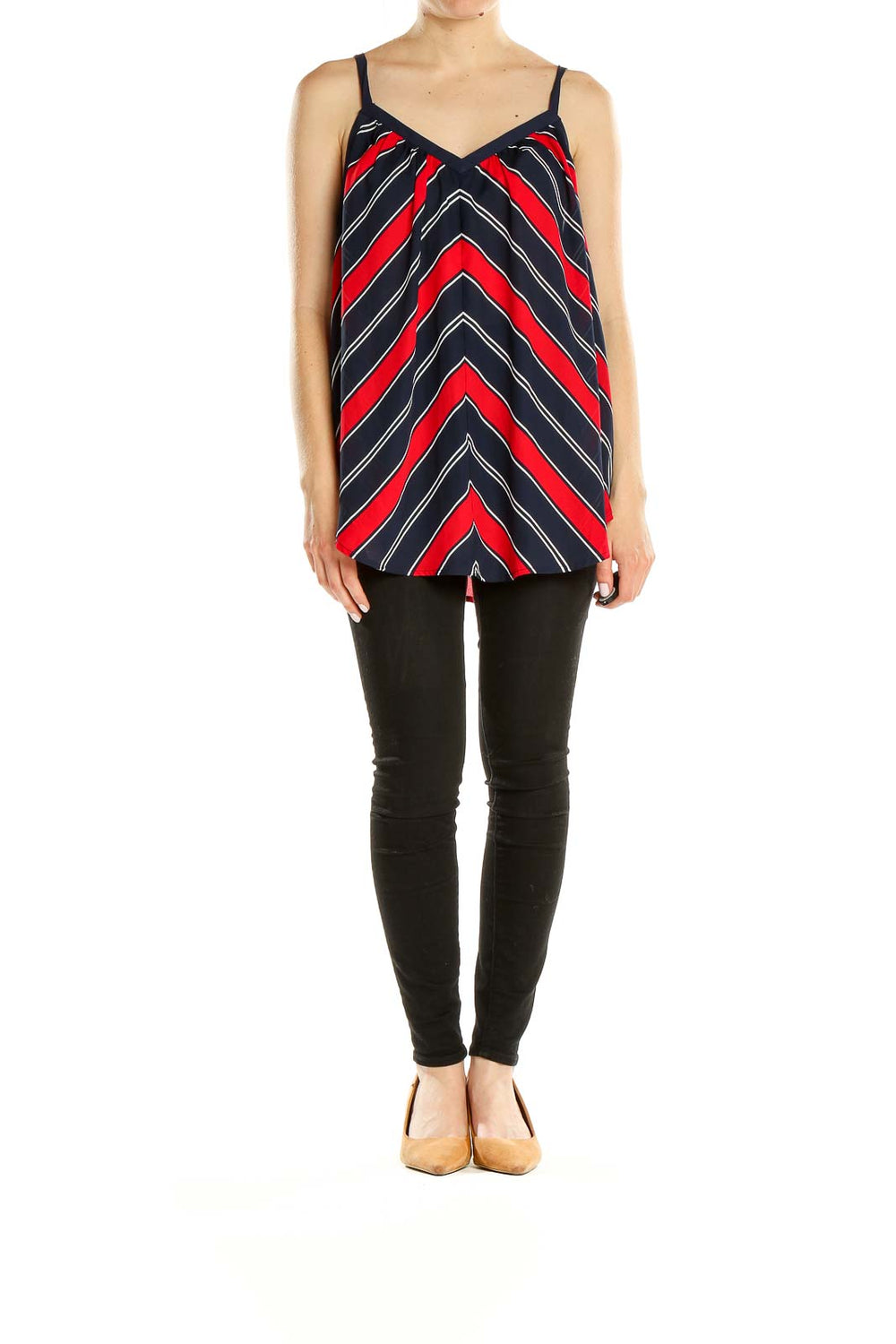 Front view of Torrid Navy and Red Striped V-Neck Camisole with diagonal pattern