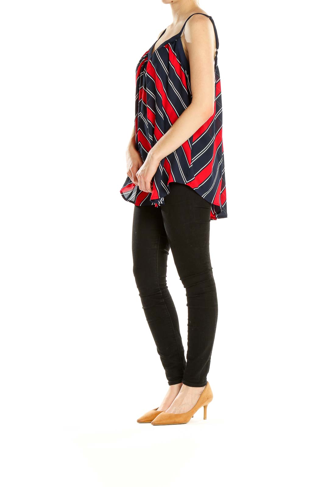 Front view of Torrid Navy and Red Striped V-Neck Camisole with diagonal pattern