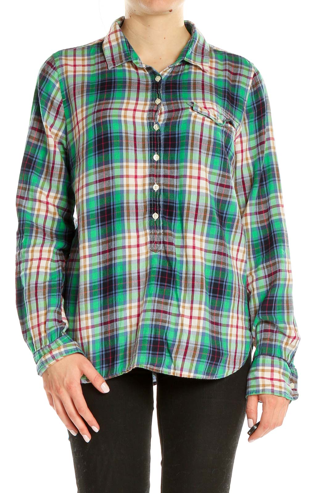 Front view of J.Crew green plaid button-up shirt on model