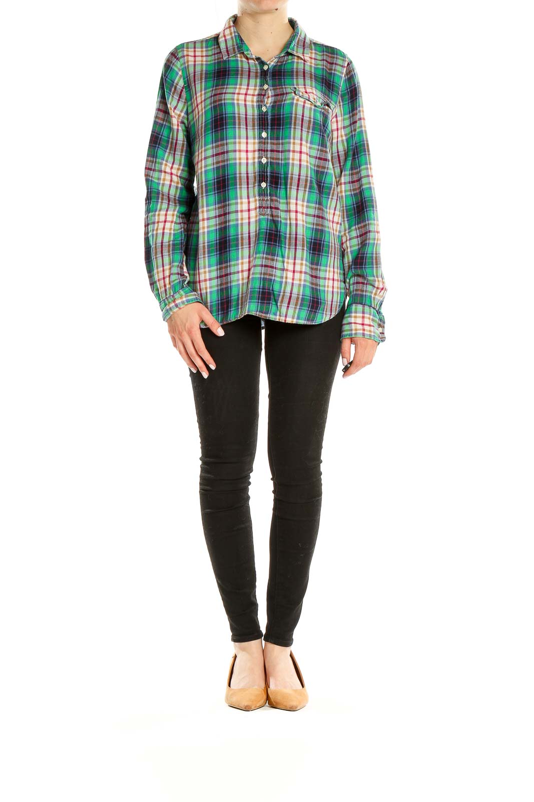 Front view of J.Crew green plaid button-up shirt on model