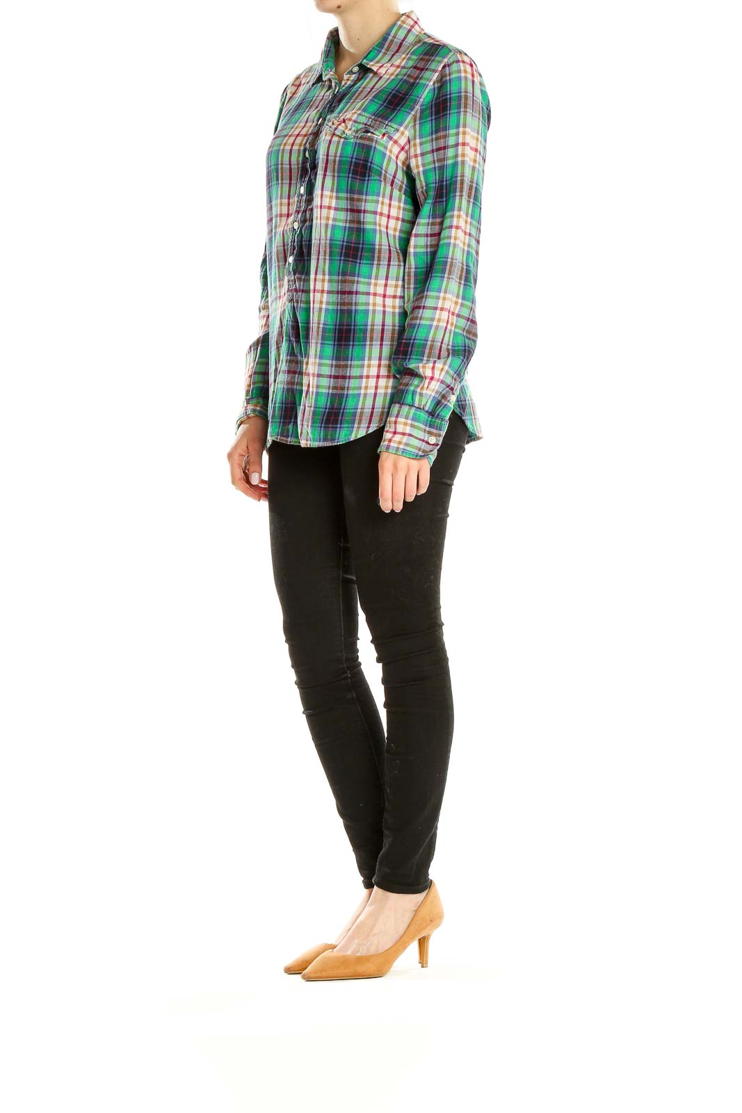 Front view of J.Crew green plaid button-up shirt on model