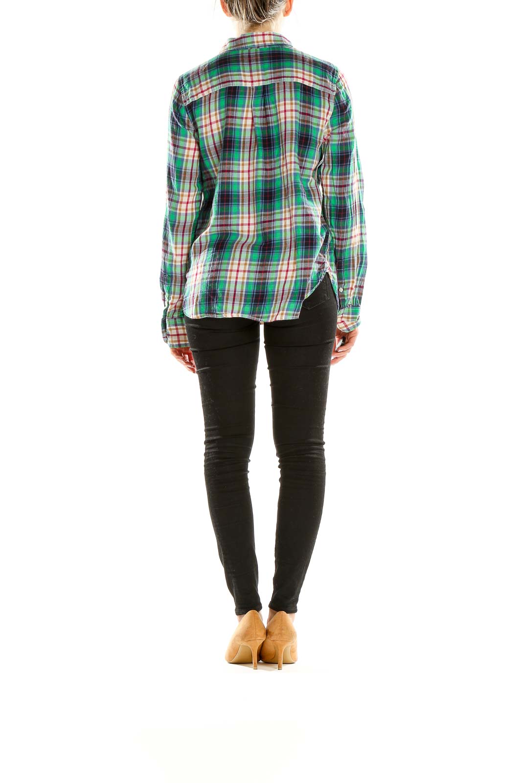 Side view of J.Crew green plaid button-up shirt on model with black pants