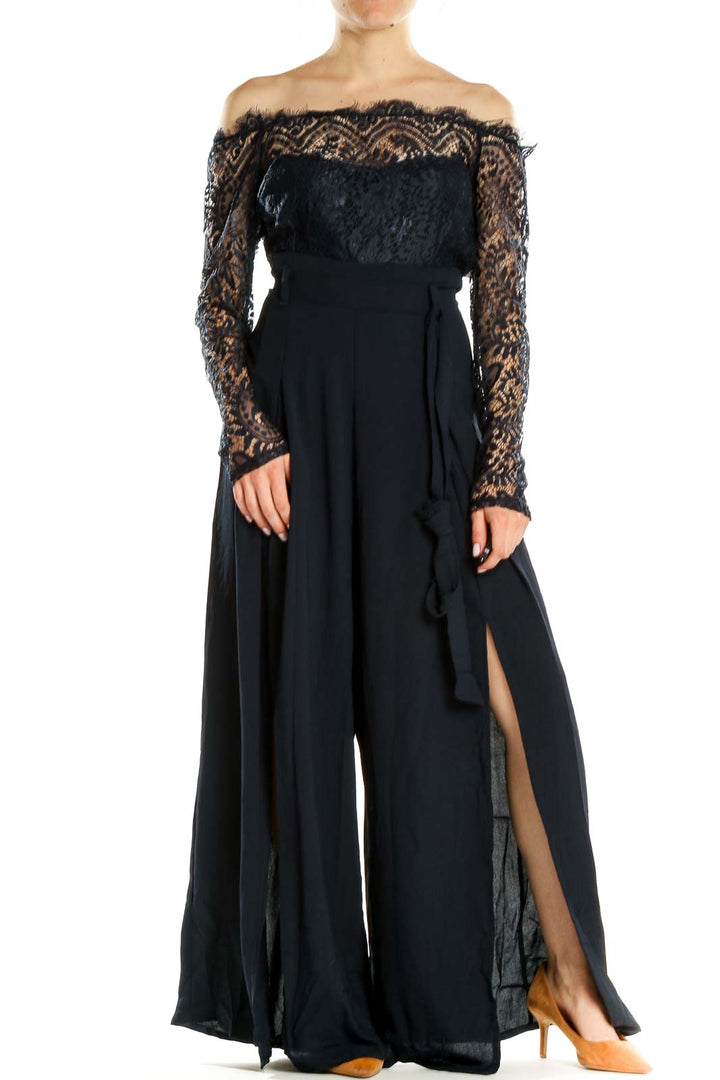 Blue Lace Front Slit Jumpsuit