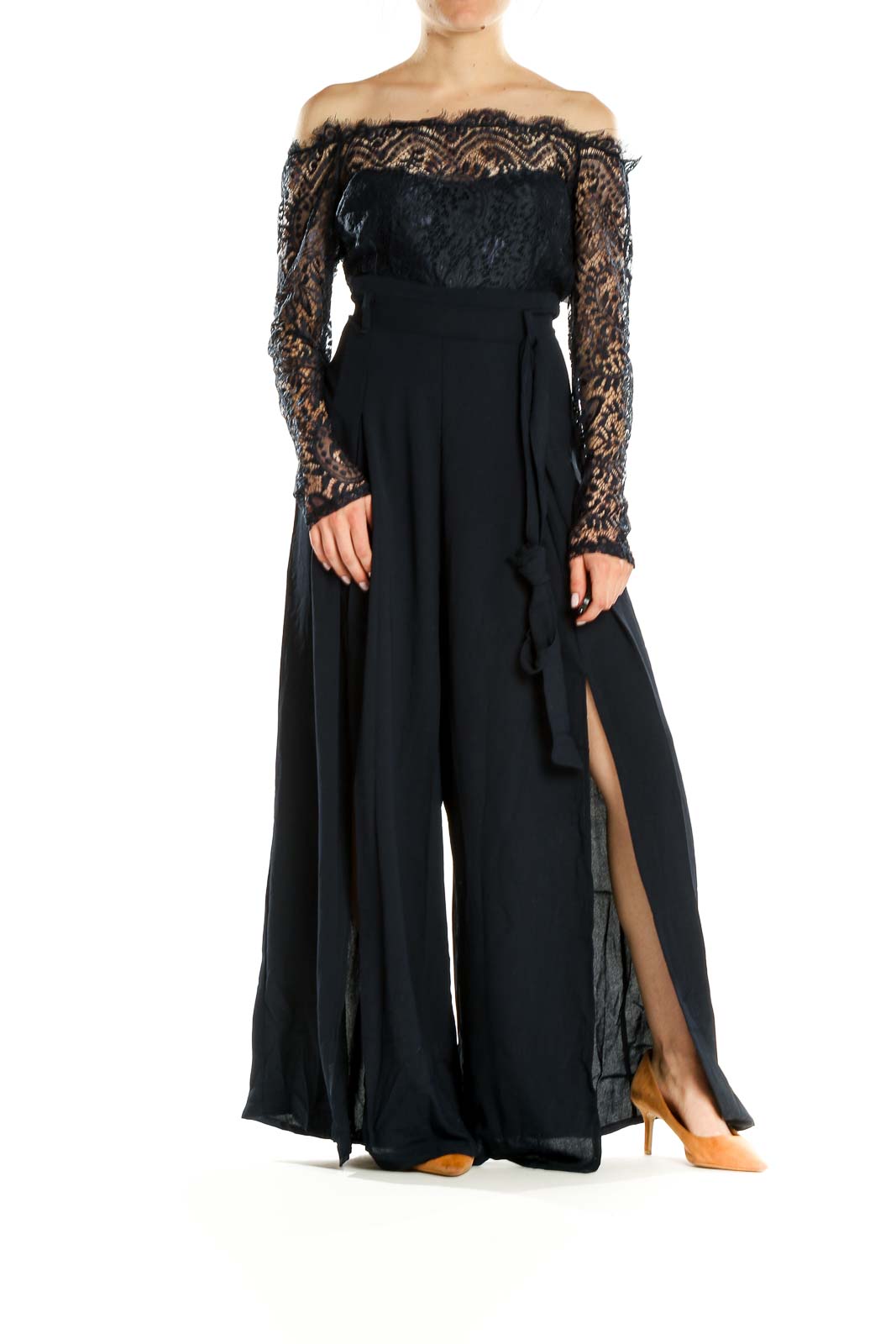 Blue Lace Front Slit Jumpsuit