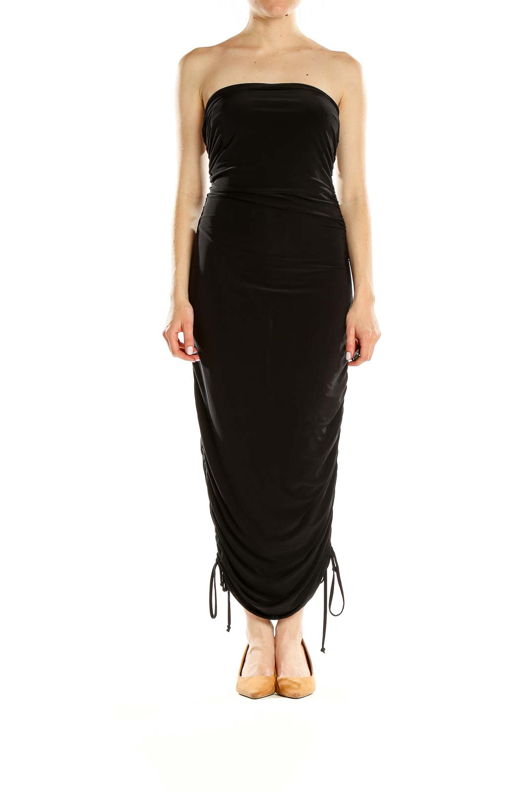 Black Strapless Ruched Column Dress