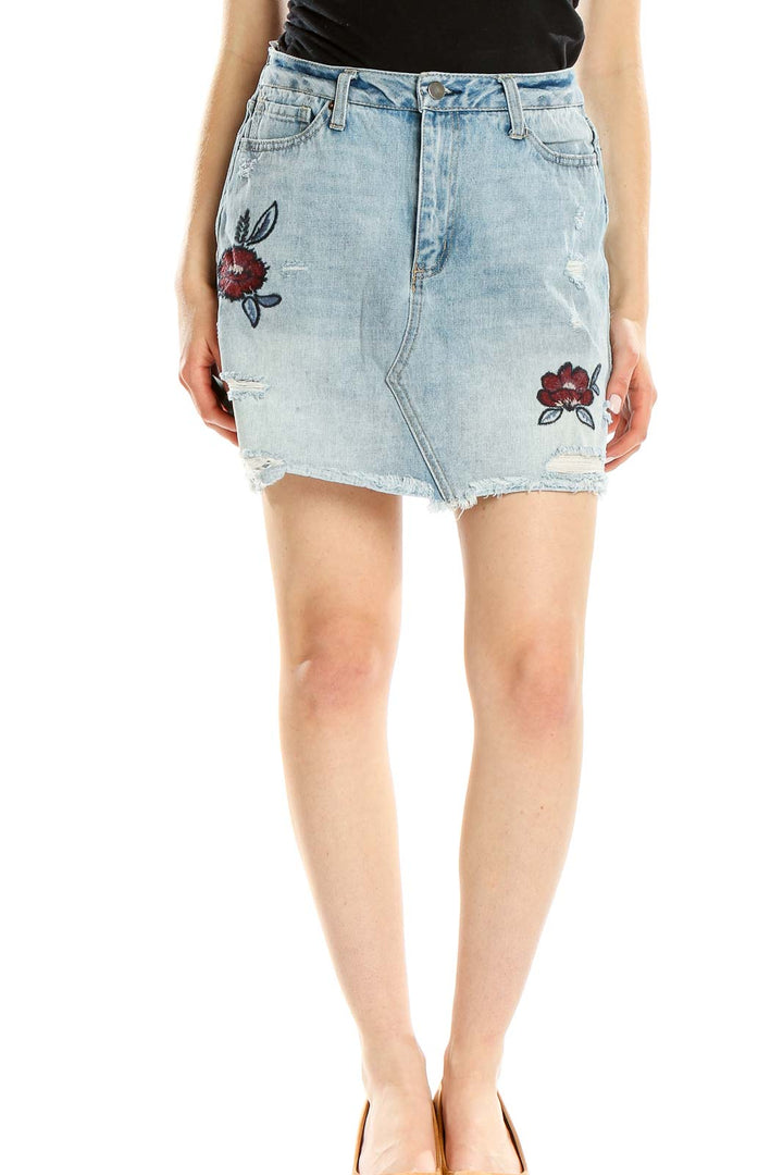 Blue Denim Embroidered Mini Skirt