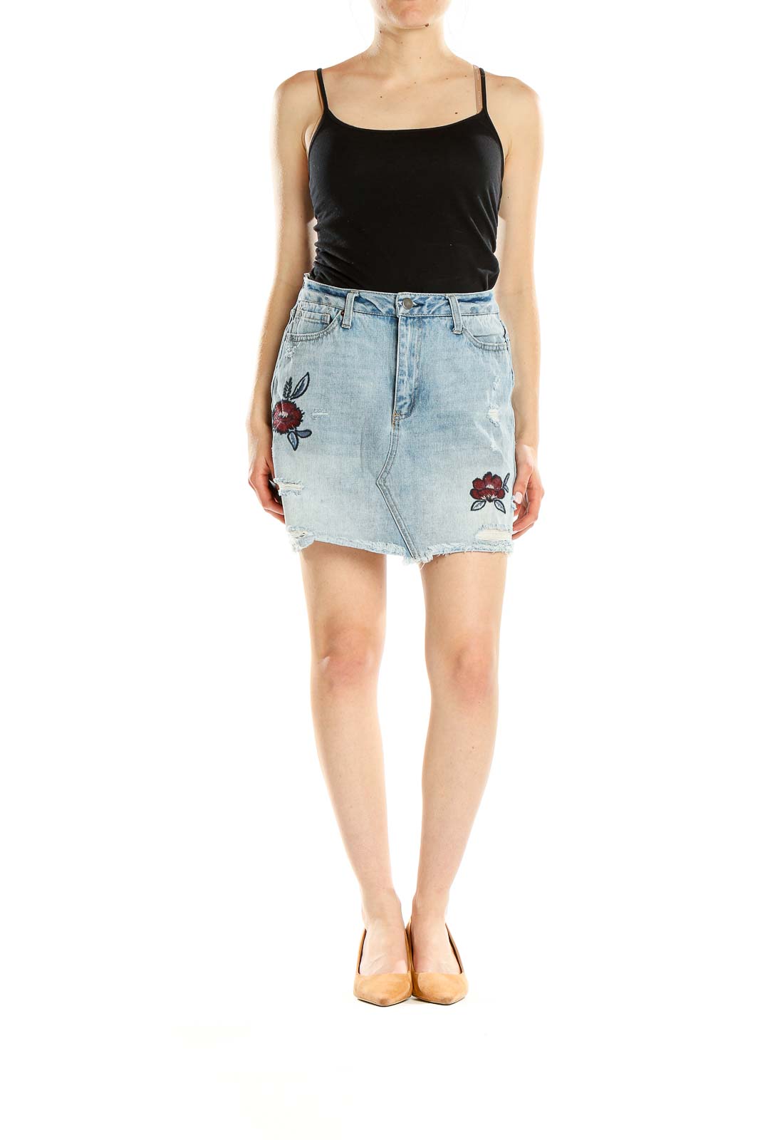 Blue Denim Embroidered Mini Skirt