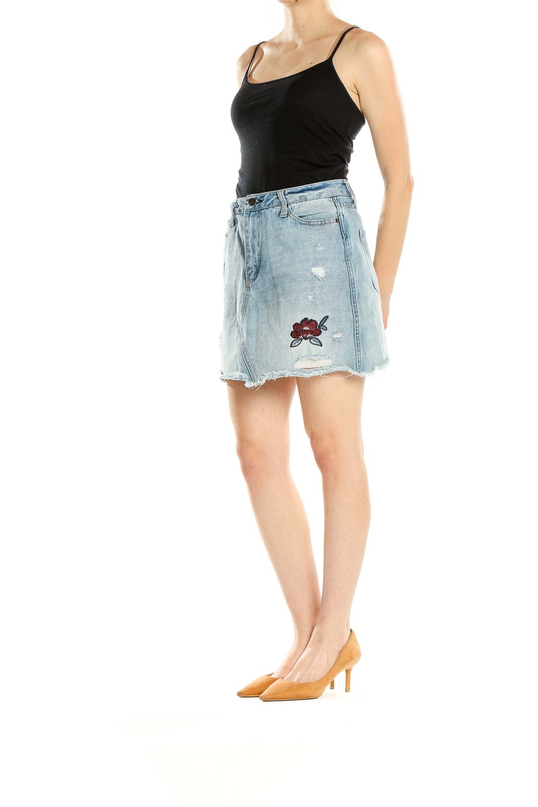 Blue Denim Embroidered Mini Skirt