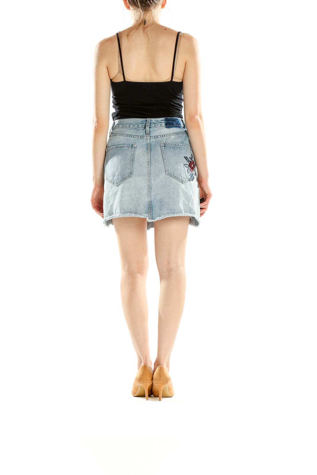 Blue Denim Embroidered Mini Skirt