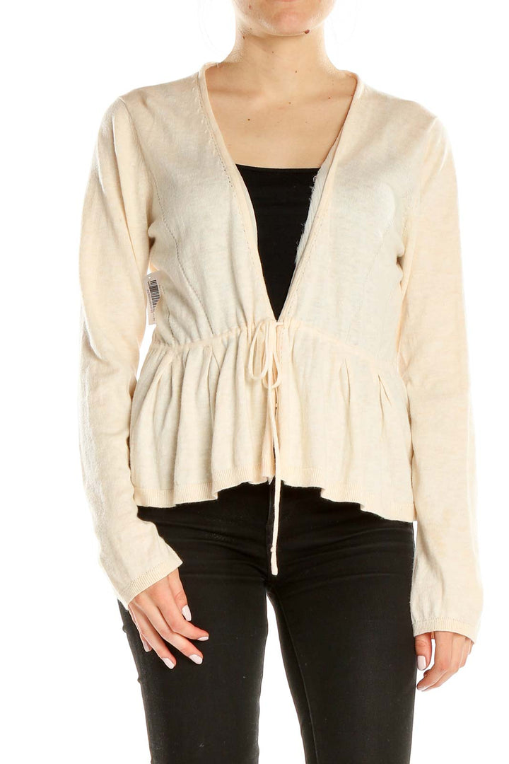 Beige Tie Front Long Sleeve Top