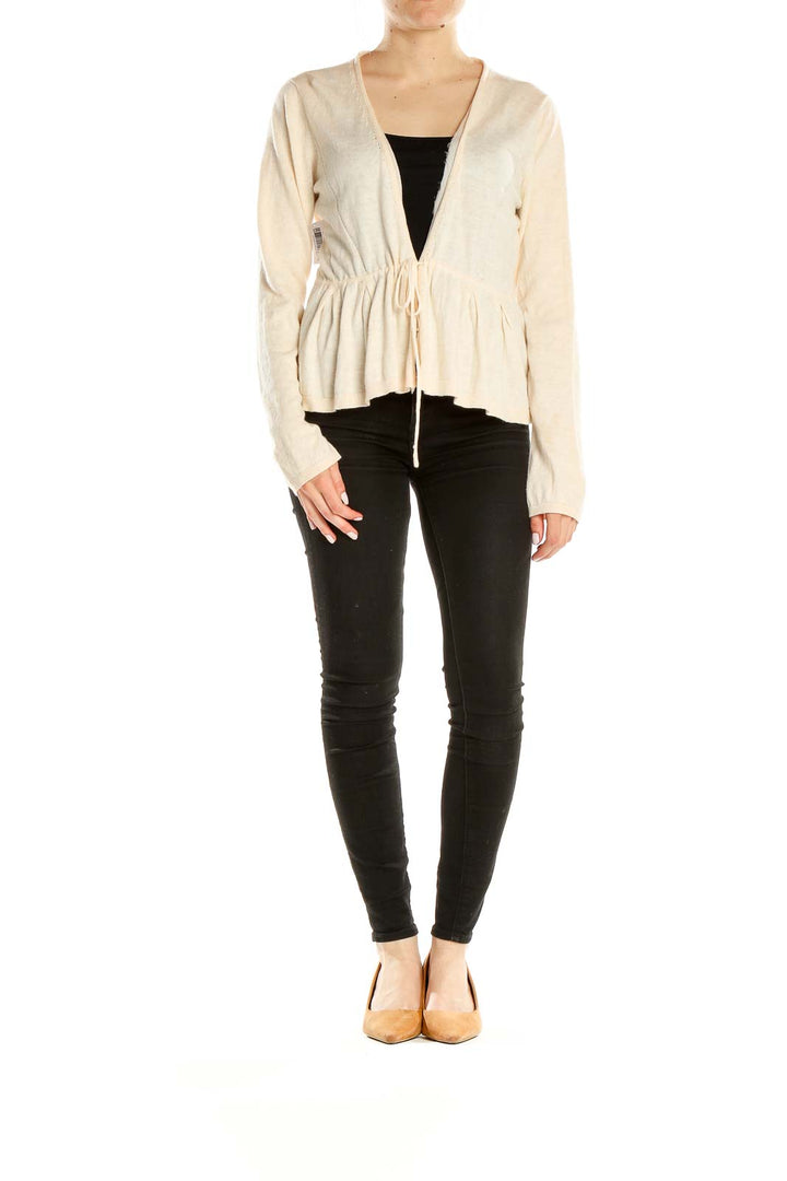 Beige Tie Front Long Sleeve Top