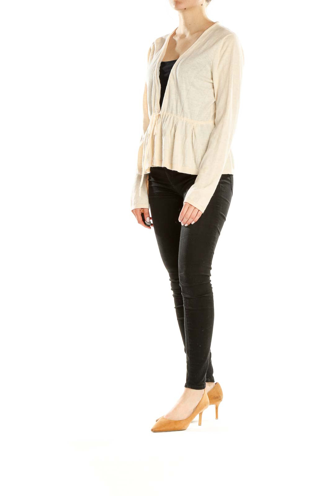 Beige Tie Front Long Sleeve Top