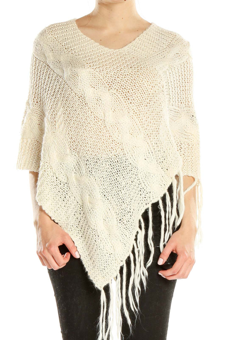 White Cable-Knit Poncho Sweater